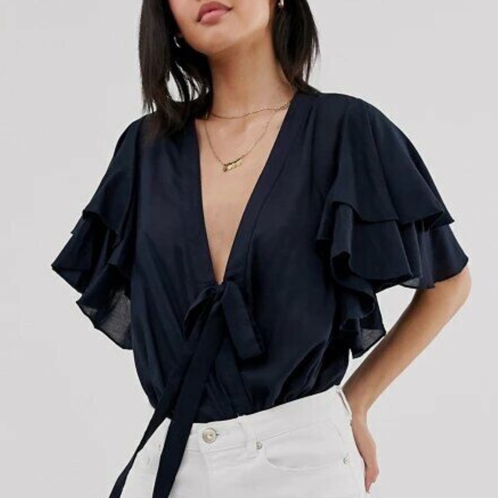 Free People Call Me Later Tiered Flounce Sleeve Bodysuit Black Size Small